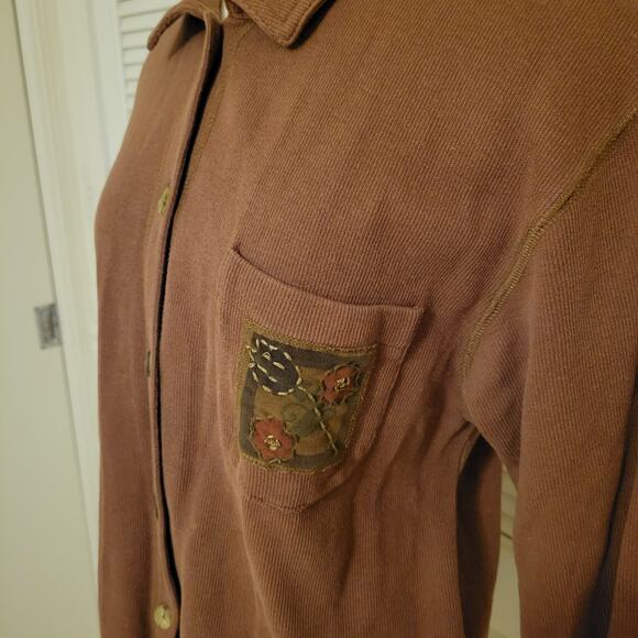 Onque Casual Vintage Cotton Button Up Shirt Women's Small Brown Embroidered - Picture 9 of 13